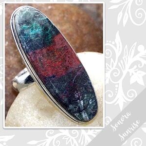 Sonora Sunrise Eclectic Silver Artisan Ring, 8 Teal Green, Red, Burgundy, Black